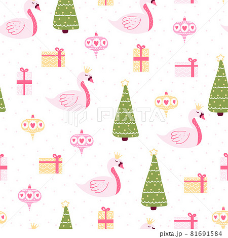 Cute christmas pattern with swan, xmas eve and gifts boxes in childish cartoon style on white background 81691584