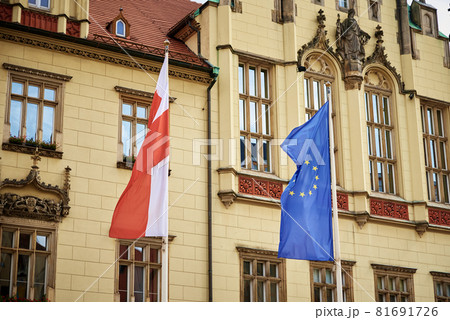 Poland and European Union flags waving on flagpoles 81691726