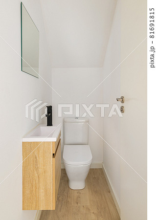 Narrow white toilet with small sink, mirror and wooden furniture. Narrow white toilet with small sink, mirror and wooden furniture. 81691815