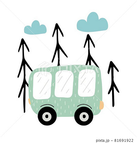 Childrens hand-drawn illustration of a green bus. Green bus near the trees. The illustration is suitable for prints, posters and postcards. 81691922