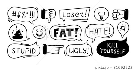 Speech bubble with swear words. Cyber bullying, trolling, conflict and violence situation. Bad reviews, comments, dislike. Vector illustration isolated in doodle style on white background Speech bubble with swear words. Cyber bullying, trolling, conflict and violence situation. Bad reviews, comments, dislike. Vector illustration isolated in doodle style on white background 81692222