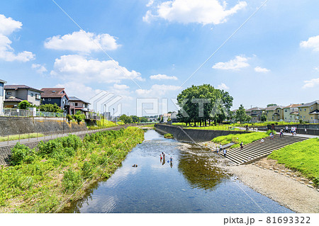 閑静な住宅街の側を流れる清らかな川 81693322