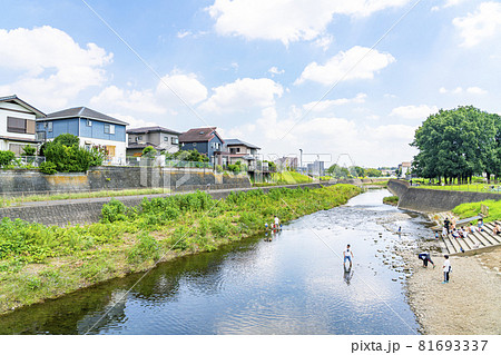 閑静な住宅街の側を流れる清らかな川 閑静な住宅街の側を流れる清らかな川 81693337