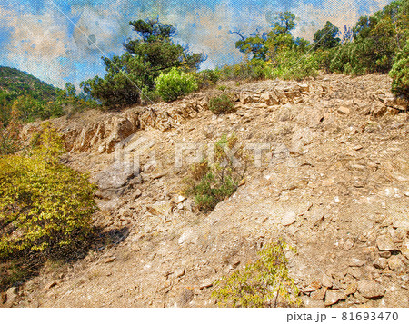 Rocks with shrubs and green trees against a blue sky. Summer landscape. Sunny hot day. Digital watercolor painting. Rocks with shrubs and green trees against a blue sky. Summer landscape. Sunny hot day. Digital watercolor painting. 81693470