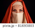 Close Up Portrait Of Beauty Young Muslim Woman In Hijab Looking At Camera 81693803