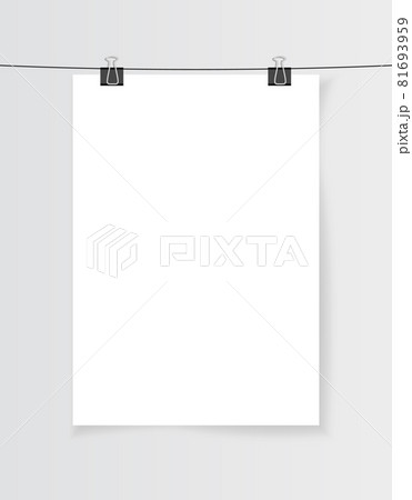 Blank white A4 paper hanging on binder clips with shadow. Empty poster layout in the gallery. Jpeg mock up illustration. Vertical template sheet isolated on a gray background 81693959