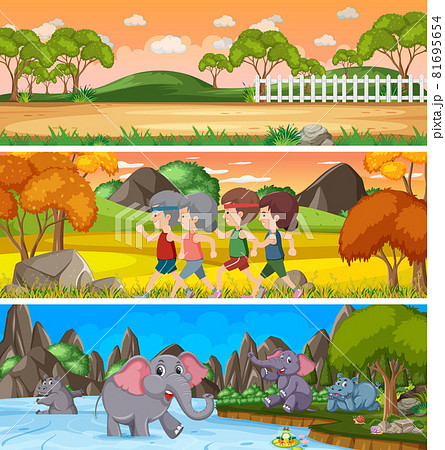 Different nature landscape at daytime scene with cartoon character Different nature landscape at daytime scene with cartoon character 81695654