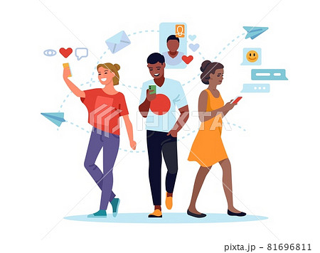 Social media people. Young women and man using social networks, mobile internet messaging, comments posting and put likes. Vector concept 81696811