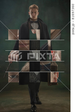 Collage, sliding puzzle. Young man in art action isolated on dark green background. Retro style, comparison of eras concept. Collage, sliding puzzle. Young man in art action isolated on dark green background. Retro style, comparison of eras concept. 81697360