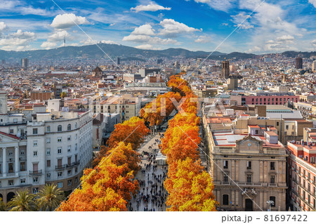 Barcelona Spain, high angle view city skyline at La Rambla street with autumn foliage season 81697422