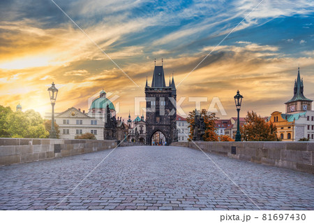 Prague Czech Republic, sunrise city skyline at Charles Bridge, Czechia with autumn foliage season Prague Czech Republic, sunrise city skyline at Charles Bridge, Czechia with autumn foliage season 81697430