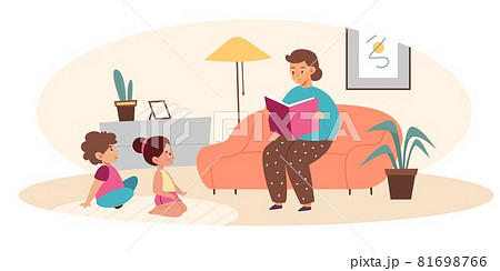 Parents read book kids. Mother reads fairy tale son and daughter, happy family evening, mom and children characters in living room interior. Entertainment literature, vector concept Parents read book kids. Mother reads fairy tale son and daughter, happy family evening, mom and children characters in living room interior. Entertainment literature, vector concept 81698766