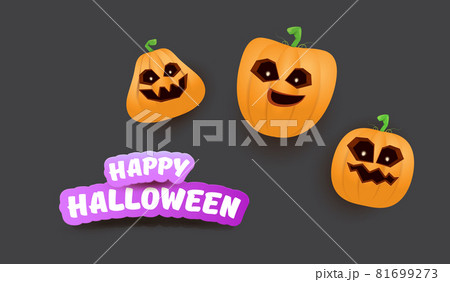 Halloween Horizontal web Banner or poster with Halloween scary pumpkins gang isolated on grey background. Funky kids Halloween concept background with greeting text 81699273