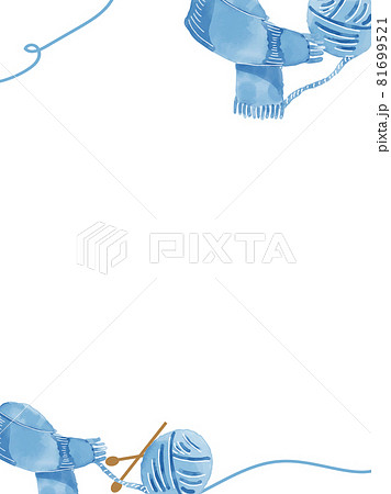 冬の青い毛糸 マフラーの水彩手書きフレームのイラスト素材