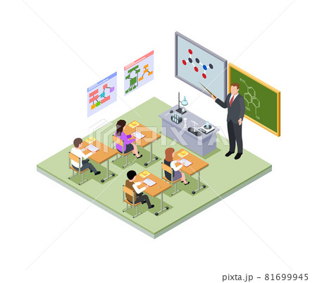 School lesson isometric concept. Teacher, children at desks at classroom. Chemistry equipment and molecular formulas, young medical students vector illustration School lesson isometric concept. Teacher, children at desks at classroom. Chemistry equipment and molecular formulas, young medical students vector illustration 81699945