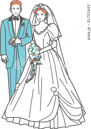結婚式の新郎新婦 全身 パフスリーブのイラスト素材