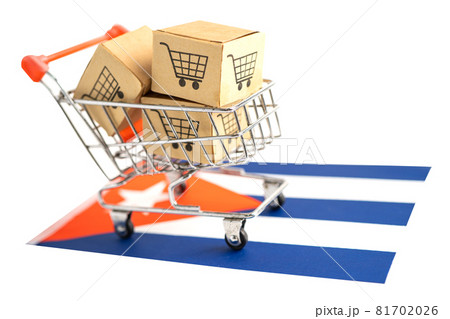 Box with shopping cart logo and Cuba flag, Import Export Shopping online or eCommerce finance delivery service store product shipping, trade, supplier concept. Box with shopping cart logo and Cuba flag, Import Export Shopping online or eCommerce finance delivery service store product shipping, trade, supplier concept. 81702026