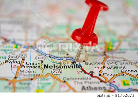 Bangkok, Thailand, June 1, 2020 Nelsonville, Ohio, road map with red pushpin, city in the United States of America USA. Bangkok, Thailand, June 1, 2020 Nelsonville, Ohio, road map with red pushpin, city in the United States of America USA. 81702073
