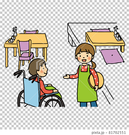 車椅子の人に席の希望を聞く店員のイラスト 81702551