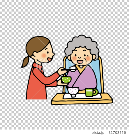 高齢者を食事の介助をする女性のイラストのイラスト素材
