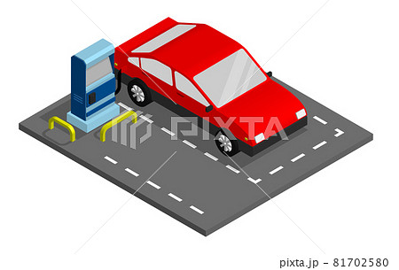 Isometric illustration. Red passenger car refueling at gas station. Use of minerals as fuel. Cartoon 3d vector isolated on white background 81702580