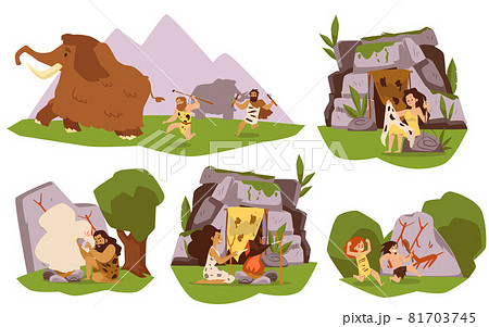 Banners depicting life of prehistoric family flat vector illustration isolated. Banners depicting life of prehistoric family flat vector illustration isolated. 81703745