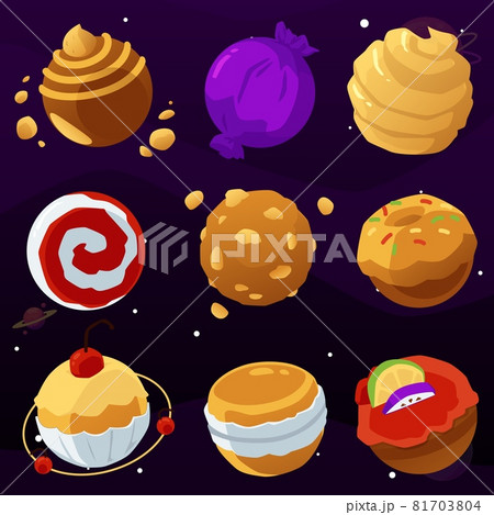 Vector cartoon space background with sweet food planets. 81703804
