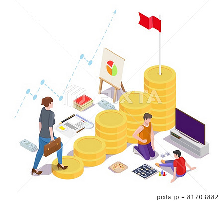 Business woman climbing up career ladder with flag on the top, vector isometric illustration. Financial success. Business woman climbing up career ladder with flag on the top, vector isometric illustration. Financial success. 81703882