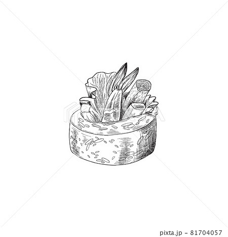 Sushi roll with shrimp and vegetables, engraving vector illustration isolated. Sushi roll with shrimp and vegetables, engraving vector illustration isolated. 81704057