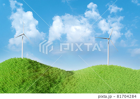 3d rendering. Landscape with wind turbine in green field over blue sky background. Ecology environmental concept. 81704284