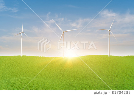 3d rendering. Landscape with wind turbine in green field over blue sky background. Ecology environmental concept. 81704285