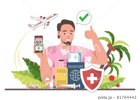 Traveler holding smartphone with coronavirus vaccine passport on screen, flat vector illustration. Immunity certificate. Traveler holding smartphone with coronavirus vaccine passport on screen, flat vector illustration. Immunity certificate. 81704442