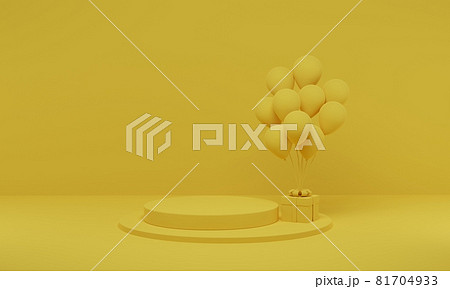 3D rendering. Yellow cylinder podium minimal with balloon on studio background. 3D rendering. Yellow cylinder podium minimal with balloon on studio background. 81704933
