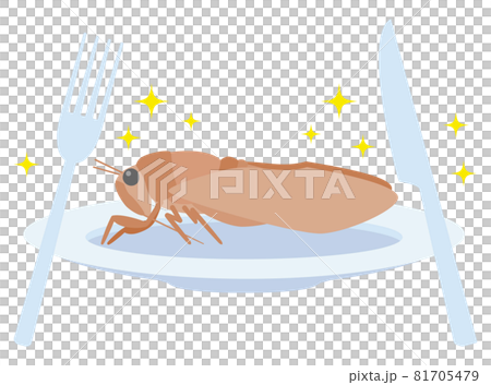 セミが昆虫食としてお皿にのっているイラストのイラスト素材
