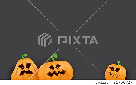 Halloween Horizontal web Banner or poster with Halloween scary pumpkins isolated on grunge grey wall background. Funky kids Halloween background with space for text and funny pumpkins Halloween Horizontal web Banner or poster with Halloween scary pumpkins isolated on grunge grey wall background. Funky kids Halloween background with space for text and funny pumpkins 81706727