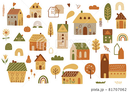 Fall city. Autumn city. Cute autumn house kit. Cottage houses isilated graphic elements. Childish houses. Cartoon village in fall season. Vector illustration. City landscape set rainbow tree, pumpkin. 81707062