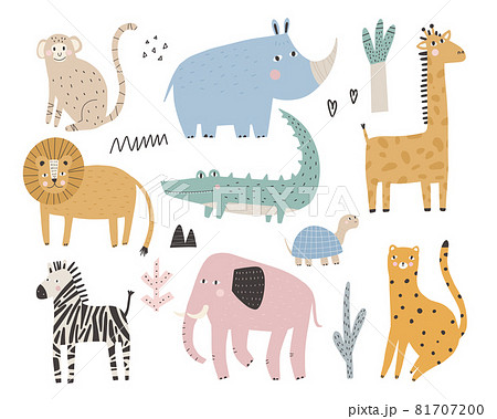 Cute african animals and plants in scandinavian style Vector hand-drawn colored children's simple set Elephant, leopard, turtle, zebra, monkey, crocodile, rhinoceros, lion. Cartoon animals. 81707200