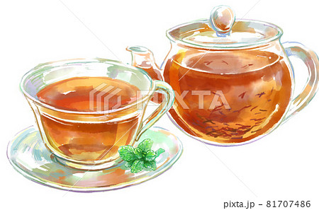 茶葉の舞うガラスのティーポットとミントを添えたティーカップの水彩イラスト 81707486