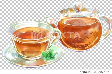 茶葉の舞うガラスのティーポットとミントを添えたティーカップの水彩イラスト 81707486
