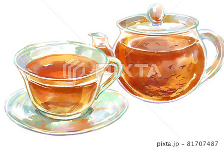 茶葉の舞うガラスのティーポットとティーカップの水彩イラスト 81707487