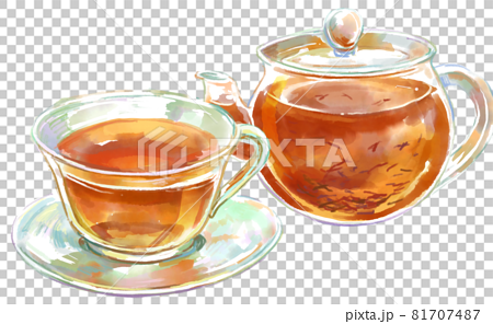 茶葉の舞うガラスのティーポットとティーカップの水彩イラスト 81707487