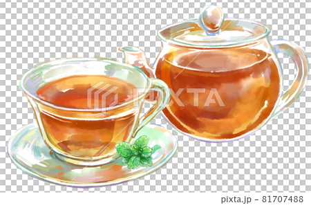帶透明玻璃茶壺和薄荷的茶杯的水彩插圖 81707488