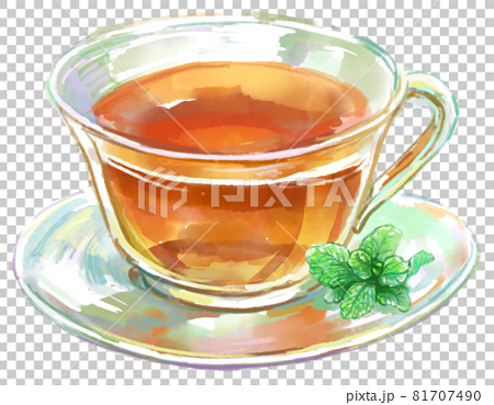 ミントを添えた透き通る紅茶のティーカップの水彩イラスト 81707490