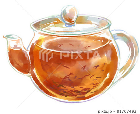 茶葉が舞い透き通るガラスのティーポットの水彩イラスト 81707492