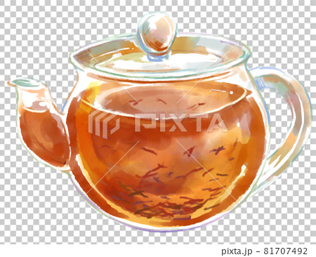 茶葉が舞い透き通るガラスのティーポットの水彩イラスト 81707492
