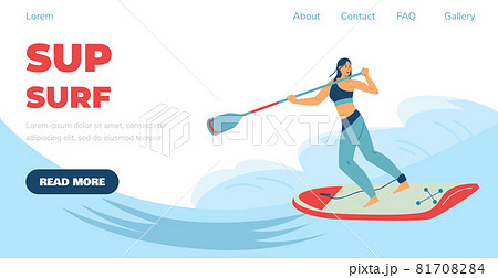 SUP surf or stand up paddling website with surfing woman, vector illustration. 81708284