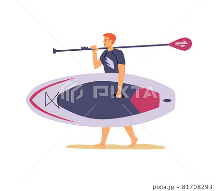 Man carrying wide paddle board and paddle, flat vector illustration isolated. 81708293