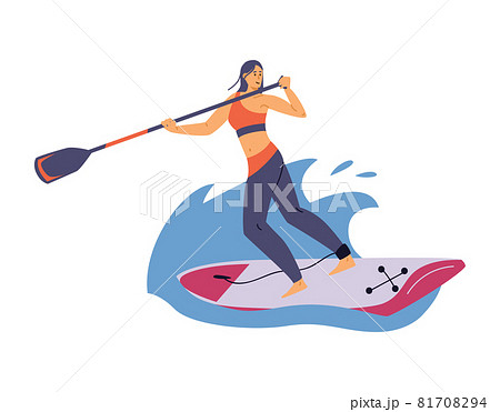 Woman rowing standing on wide paddle board, flat vector illustration isolated. Woman rowing standing on wide paddle board, flat vector illustration isolated. 81708294