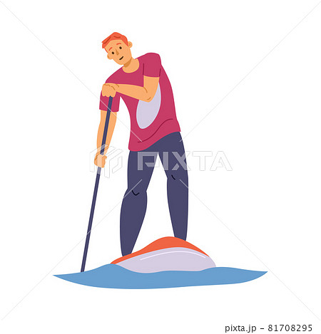 Man standing on paddleboard with paddle, flat vector illustration isolated. 81708295