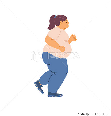 Overweight obese woman running, flat vector illustration on white background. 81708485